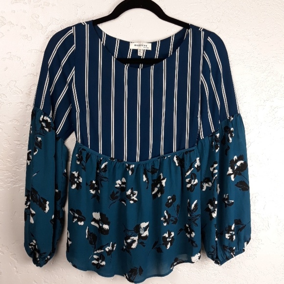 Monteau Blue Striped Floral Sheer Blouse - Picture 2 of 6